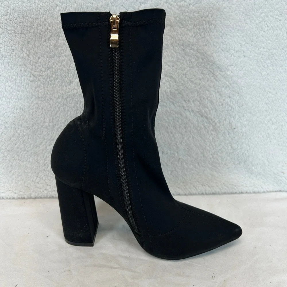 Azalea‎ Wang Black Pointed Toe Block Heel Sock Boots Stretchy Size 7.5